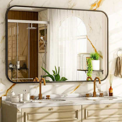 Easly 30 x 40 Inch Bathroom Mirror, Rounded Rectangular Vanity Mirror for Wall, Modern Mirror for Room Decor, Black Framed Wall-Mounted Mirrors for Home Decor, Hangs Horizontally or Vertically