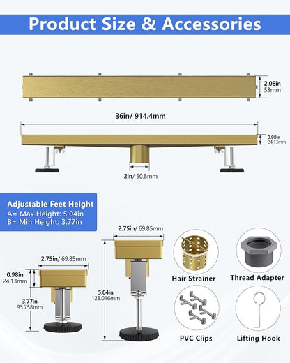 YEFU Gold Shower Drain 36 Inch with Tile Insert, Linear Drain for Bathroom | Anti-Corrosion,304 Stainless Steel, Rectangle Shower Drain with Hair Strainer, Fast Drainage, Drain Shower Reversible Grate