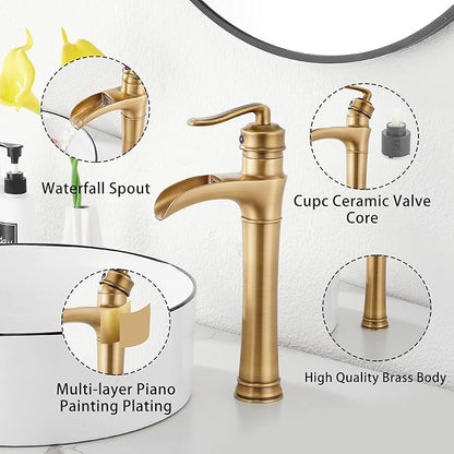 Antique Brass Waterfall Bathroom Faucet GGStudy Single Handle One Hole Farmhouse Bathroom Vessel Sink Faucet Matching with Pop Up Drain