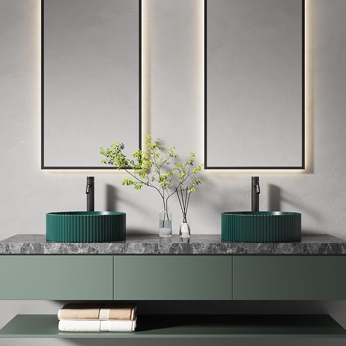 15.7" Dark Green Round Fluted Ceramic Vessel Sink | Modern Minimalist Fluted Design, Durable Premium Ceramic, Smooth Glaze Easy To Clean, Deep Basin Prevents Water Splashes