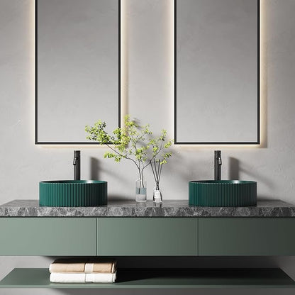 15.7" Dark Green Round Fluted Ceramic Vessel Sink | Modern Minimalist Fluted Design, Durable Premium Ceramic, Smooth Glaze Easy To Clean, Deep Basin Prevents Water Splashes