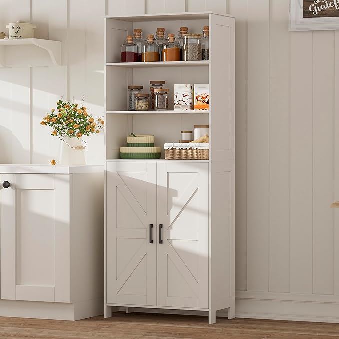 Homhedy 67" Tall Bathroom Storage Cabinet, Freestanding Farmhouse Cabinet with 2 Doors and Shelves, Bathroom Organizers and Storage for Kitchen, Living Room, Laundry Room, White