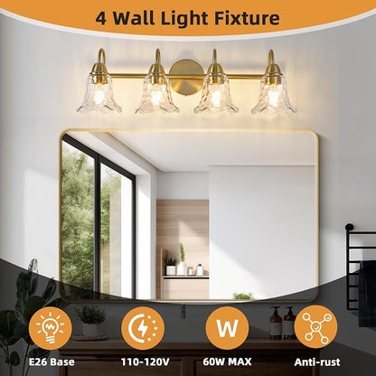 Bathroom Light Fixtures Over Mirror, 4 Lights Vintage Wall Sconces with Hammered Glass Shade, 26.8" Gold Bathroom Wall Light Fixtures for Bedroom, Porch, Hotel, Mirror Cabinet