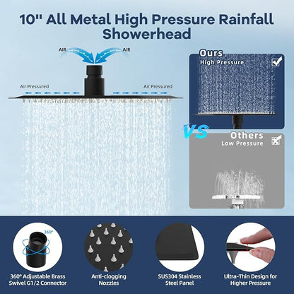 Hibbent 10'' All Metal Showerhead Combo & 10 Mode Filtered Handheld, Black | High Pressure Stainless Steel Showerhead, 4-way Diverter, Heightened All Metal Extension Arm, 71'' Hose & Holder, Easy Reach