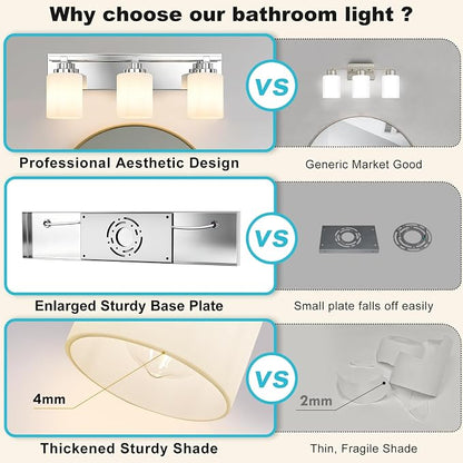 Modern Bathroom Lighting Fixtures Over Mirror, Vanity Lights for Bathroom, Wall Sconces with Milky White Glass Shades, E26 Ceramic Socket, 3-Light 19.7-inch Chrome
