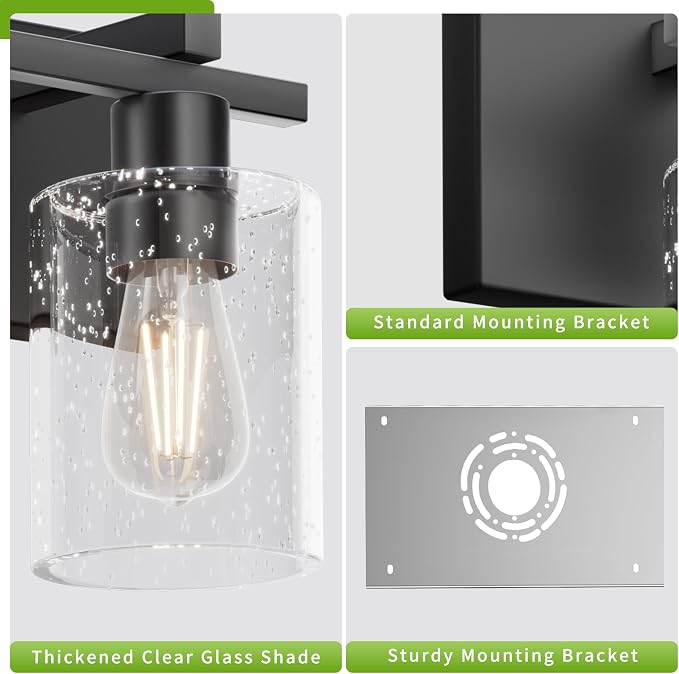 4-Light 30inch Black Vanity Light, Thickened Seeded Glass Shade | Over Mirror for Bathroom, Rust Resistant, E26 Base, Easy Install, Removable Glass Shade Horizontal Mount, Dimmable