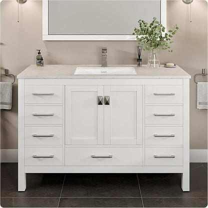 Eviva London 54 Inch Bathroom Vanity with Countertop, White Vanity Bathroom Sink Cabinet W/Quartz Countertop Porcelain Single Sink Design for Modern Bathrooms