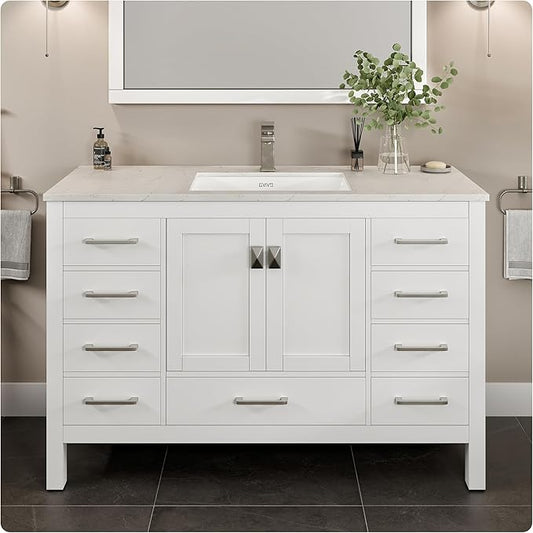 Eviva London 54 Inch Bathroom Vanity with Countertop, White Vanity Bathroom Sink Cabinet W/Quartz Countertop Porcelain Single Sink Design for Modern Bathrooms