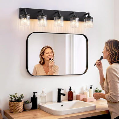 5-Light Black Bathroom Vanity Light, Crystal Glass Shades | Modern Wall Lighting Fixtures Over Mirror, for Bathroom, Matte Black Finish, Rust-resistant Metal, Farmhouse Industrial Style