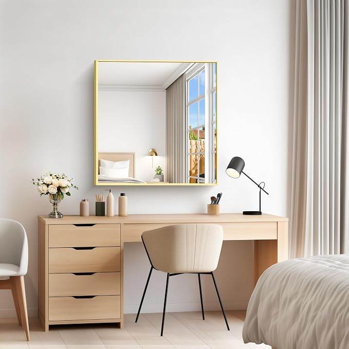 COFENY Gold Bathroom Mirror for Wall, 30x30 Inch Square Mirrors with Metal Frame, Modern Vanity Wall Mirror Decor for Bathroom Living Room, Entryway Hangs Horizontal or Vertical