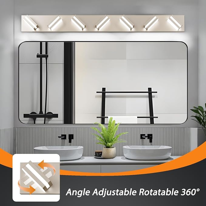 Bathroom Lights Fixtures Over Mirror, 360°Rotate Modern LED Vanity Lights for Bathroom, 56W Dimmable & High CRI Acrylic Wall Lighting, No Assembly Required (Brushed Nickel, 7-Light, 42 Inch)