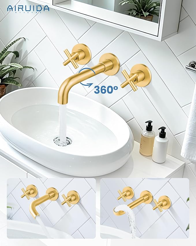 Airuida Solid Brass Brushed Gold Wall Mount Bathroom Faucet | 360° Swivel Spout,Rough in Valve,2 Cross Handle,3 Hole,Widespread