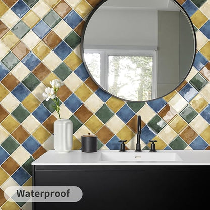 DEWOO Peel and Stick Backsplash Self Adhesive Wall Tiles Colourful 10-Sheet | Checkered,Square,Sticky,for Kitchen,Bathroom,Laundry,Sink,12"×12"