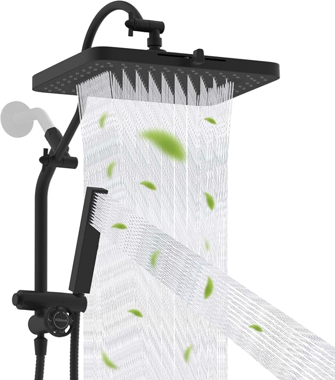 Hibbent 5-Mode 13" Rain Shower head, 4-Spray Handheld Shower, Matte Black | cUPC Certified High Pressure Showerhead Combo, All Metal 4-way Diverter Extension Arm & Handheld Spray, 71'' Hose & Holder