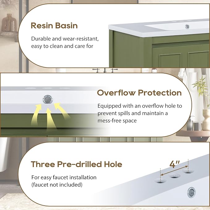 SOFTSEA 36" Bathroom Vanity with Sink Combo, Single Sink Bathroom Vanity with Soft-Close Doors, Solid Wood Frame Bathroom Cabinet, Ceramic Basin, Easy Assembly, Green