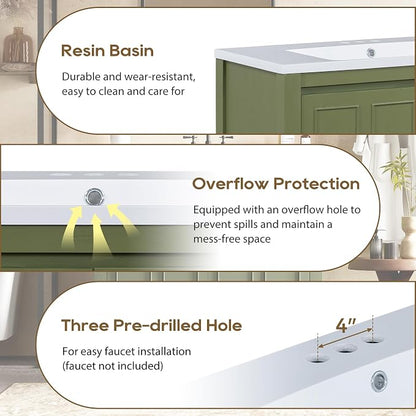 SOFTSEA 36" Bathroom Vanity with Sink Combo, Single Sink Bathroom Vanity with Soft-Close Doors, Solid Wood Frame Bathroom Cabinet, Ceramic Basin, Easy Assembly, Green