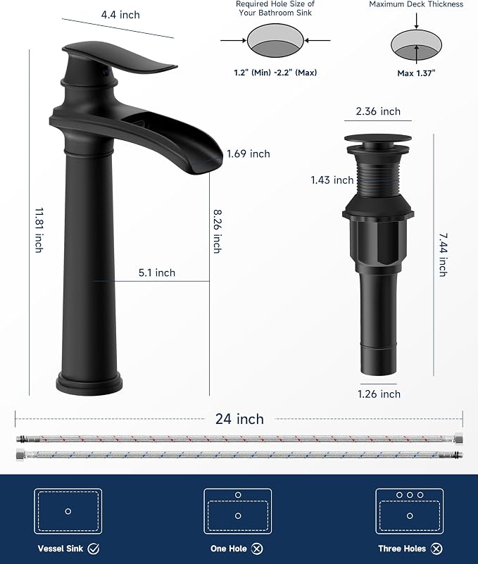 Matte Black Vessel Sink Faucet Brass Waterfall Bathroom Faucet Single Hole | with Pop Up Drain Assembly and Supply Hoses, Single Handle Tall Bathroom Faucets Lavatory Vanity Mixer Tap by BATHLAVISH