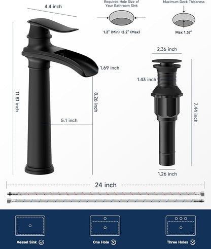 Matte Black Vessel Sink Faucet Brass Waterfall Bathroom Faucet Single Hole | with Pop Up Drain Assembly and Supply Hoses, Single Handle Tall Bathroom Faucets Lavatory Vanity Mixer Tap by BATHLAVISH