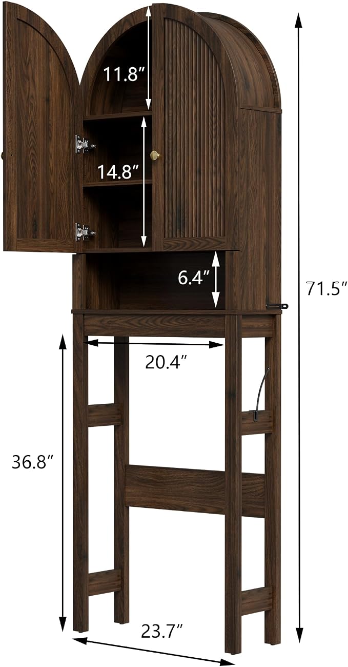 HMstone Over The Toilet Storage Cabinet, Arched Bathroom Organizer and Storage with Doors and Adjustable Shelf, Space-Saving Freestanding Bathroom Modern Storage Cabinet Over Toilet (Walnut)