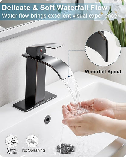 Waterfall Bathroom Faucet Oil Rubbed Bronze, Brass 4 Ins Bathroom Faucets One Hole or 3 Hole, Single Handle with Deck Plate, Pop-up Drain & Water Hose