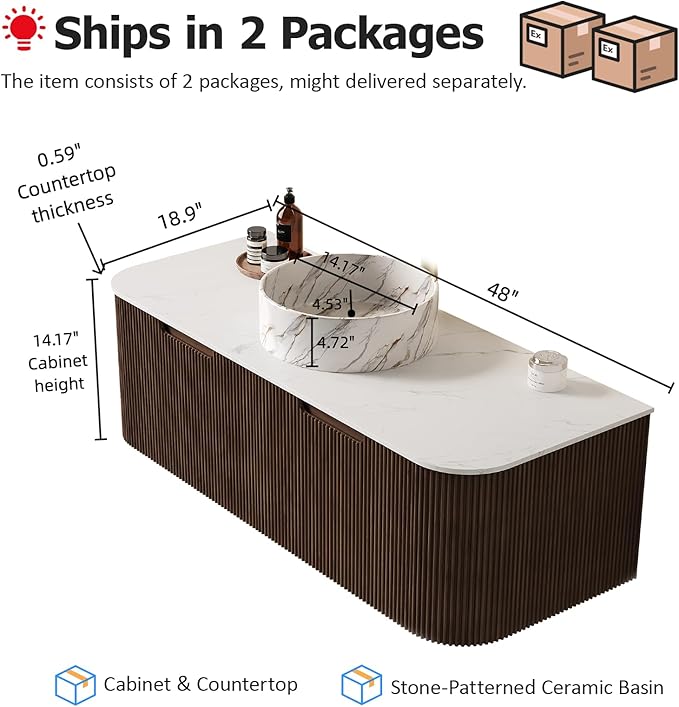 48" Floating Bathroom Vanity with Sink, Wall-Mount Storage Cabinet 2 Large Storage Drawer, Black Stone Pattern Ceramic Basins with Marble Top, Soft-Close Design, Dark Walnut