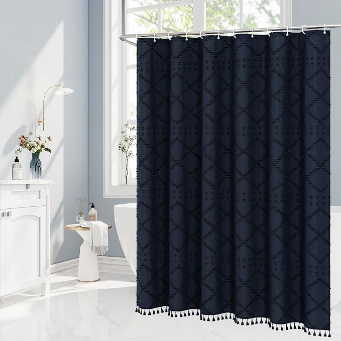 Navy Boho Woven Fabric Shower Curtain with Tassel 72 x 78, Tufted Textured | Modern Farmhouse Curtain for Bathroom, Long Bathroom Curtain, Minimalist Decor, Waterproof