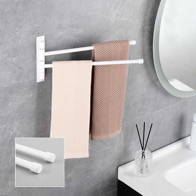 GERZWY Bathroom 2-Arm Swing Arm Towel Bars Wall Mount Stainless Steel Bath Towel Rack Hanger, White