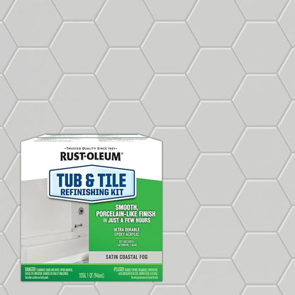 Tub & Tile Touch Up Satin Coastal Fog Paint Kit | Bathroom Surface Refresh, Ceramic, Porcelain, Fiberglass, Durable Moisture Resistant Finish, Quart