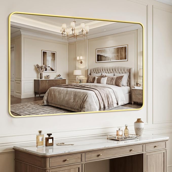 Bathroom Mirror for Wall, 30"x55" Black Bathroom Mirror for Over Sink, Shatterproof Tempered Glass Vanity Mirror with Anti-Rust Aluminum Alloy Frame, Hang Horizontally or Vertically, Gold