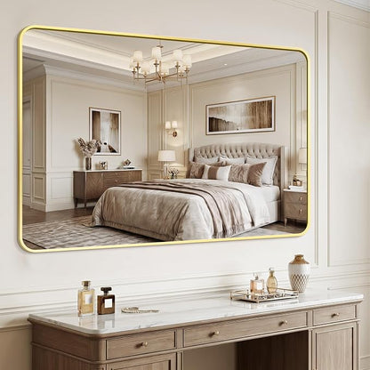 Bathroom Mirror for Wall, 30"x55" Black Bathroom Mirror for Over Sink, Shatterproof Tempered Glass Vanity Mirror with Anti-Rust Aluminum Alloy Frame, Hang Horizontally or Vertically, Gold
