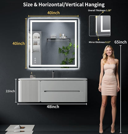 40"x40" LED Bathroom Mirror with Lights, Backlit+Frontlit, Anti-Fog | CRI 95, Stepless Dimmable, 3 Colors Lighting, Shatterproof Tempered Glass, HD Reflection, Memory, (Horizontal/Vertical)