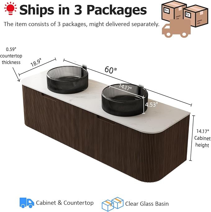 60" Floating Bathroom Vanity with Double Sink, Nature Wood | Plywood Cabinet, Single Sink, Doubel Sink, Ceramic Basin & Marble Countertop, Pre-Assembled