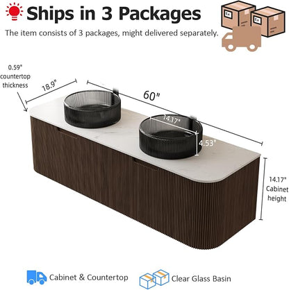 60" Floating Bathroom Vanity with Double Sink, Nature Wood | Plywood Cabinet, Single Sink, Doubel Sink, Ceramic Basin & Marble Countertop, Pre-Assembled