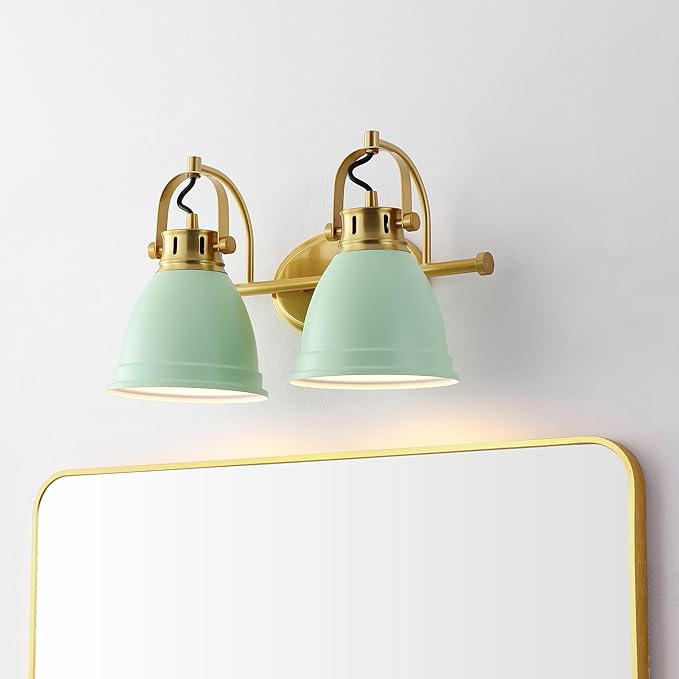 JONATHAN Y 16.25" Mint Green/Brass Gold 2-Light LED Vanity Light, Adjustable Wall Sconce for Bathroom Mirror, Farmhouse Bohemian Kitchen Light, Iron Black Bell Shade (JYL1115D)