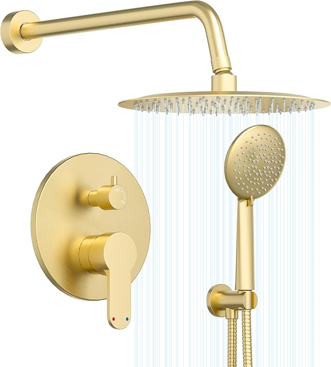 Gabrylly Gold Shower Head System, Shower Faucet Set with Pressure Balance Shower Valve, 12 Inch Shower Heads with 5-Setting handheld Spray Combo Pressure Shower Fixtures Kit, Brushed Gold