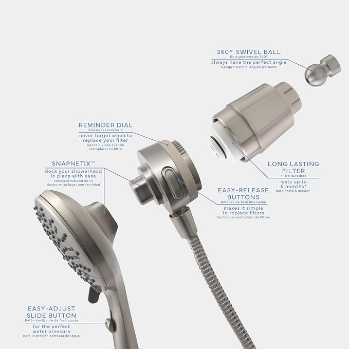 SEVENTY 5-Setting Magnetic Handheld Shower Head with Shower Filter and 59 Inch Hose in Brushed Nickel – Helps Reduce Chlorine and Impurities for Healthier Hair, Skin and Scalp, Easy to Install (12159)