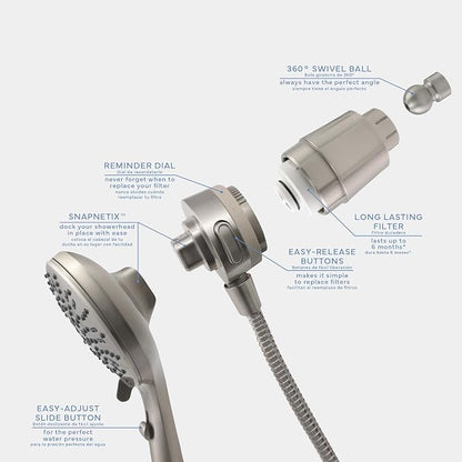 SEVENTY 5-Setting Magnetic Handheld Shower Head with Shower Filter and 59 Inch Hose in Brushed Nickel – Helps Reduce Chlorine and Impurities for Healthier Hair, Skin and Scalp, Easy to Install (12159)