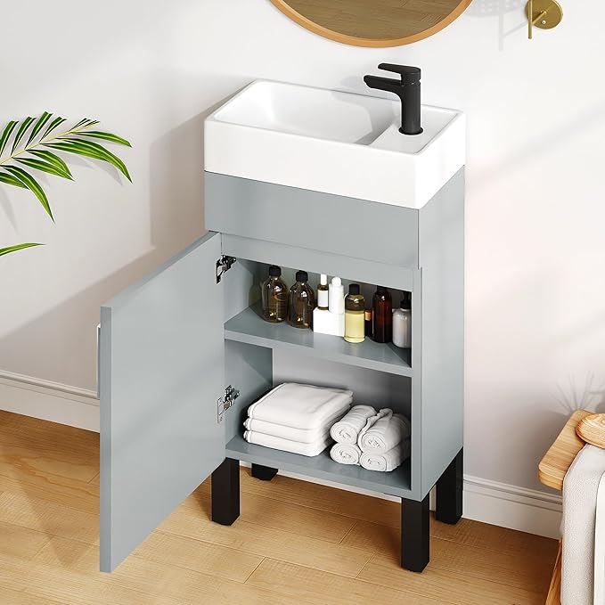 YITAHOME 16 Inch Bathroom Vanity with Sink, Bathroom Cabinet Vanity for Small Space, Freestanding Storage Bathroom Vanity with 1 Soft Closing Cabinet, Grey
