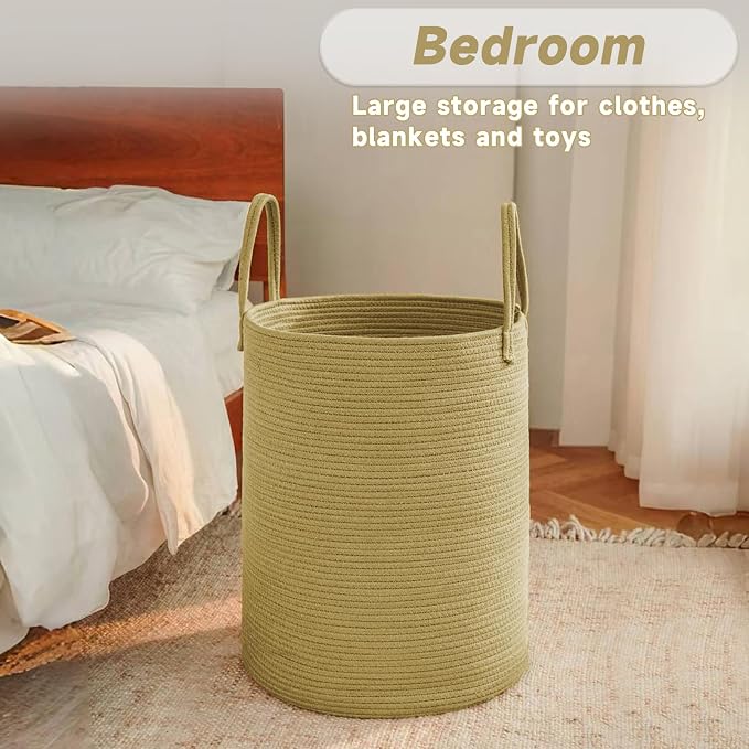 JMvicyroam 80L Cotton Rope Laundry Basket Hamper, Jute | Collapsible laundry basket, reinforced handles, freestanding, machine washable, holds 3-5 thick blankets, clothes or toys