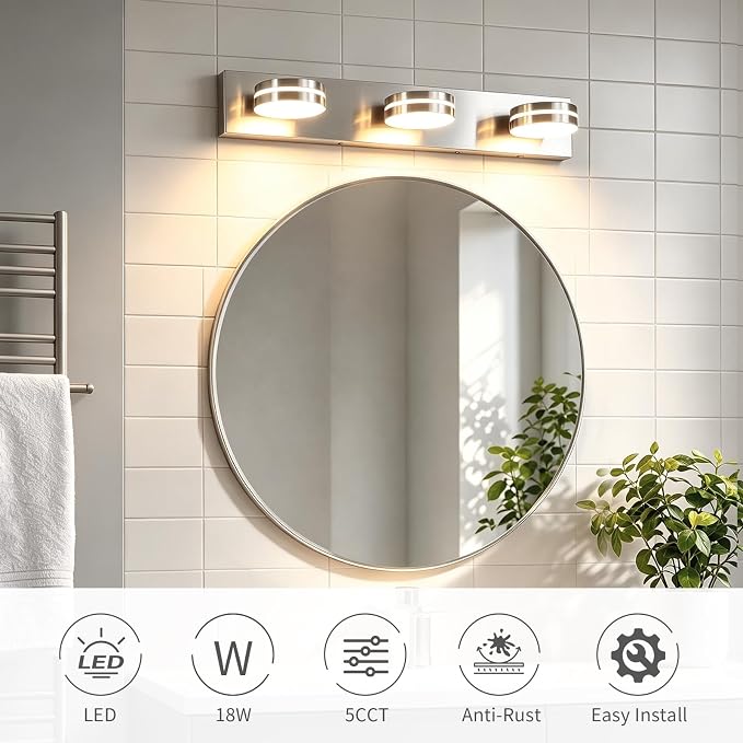 3-Light Bathroom Vanity Light 23.62in Brushed Nickel Vanity Light | 5CCT 18W LED Bathroom Light Fixtures Over Mirror,Dimmable 360°Rotate for Makeup Vanity Table Bathroom Mirror Bedroom