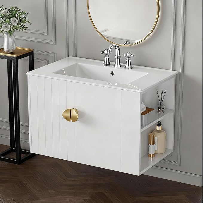 30 Inch Floating Vanity Bathroom with Sink, White Painted Bathroom Vanity Cabinet Combo with Ceramics Sink Top, Soft Close Cabinet Door & Open Storage Right Shelf, Modern Wall Mounted Vanity
