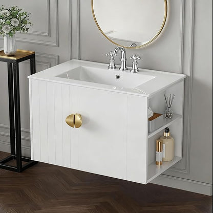 30 Inch Floating Vanity Bathroom with Sink, White Painted Bathroom Vanity Cabinet Combo with Ceramics Sink Top, Soft Close Cabinet Door & Open Storage Right Shelf, Modern Wall Mounted Vanity