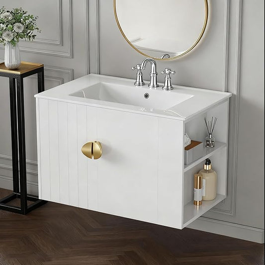 30 Inch Floating Vanity Bathroom with Sink, White Painted Bathroom Vanity Cabinet Combo with Ceramics Sink Top, Soft Close Cabinet Door & Open Storage Right Shelf, Modern Wall Mounted Vanity