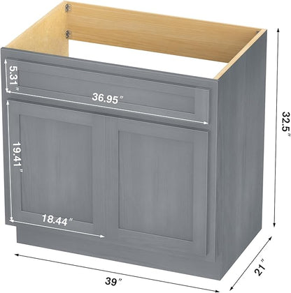 Vanity Art 39 Inch Double Shutter Door Bathroom Vanity Base Cabinet with Soft Closing Shaker Drawer, Strudy Floor Mount Storage Cabinet Organizer for Bedroom, Living Room, Kitchen, VA4039-S