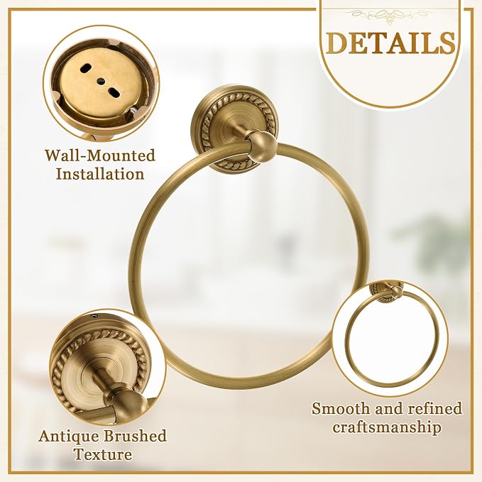 4 Pcs Antique Brass Gold Bathroom Accessories Set Wall-Mounted Adjustable Towel Rack & Round Towel Ring & Toilet Paper Holder & Robe Hook, Wall Mounted Brass Vintage Bath Hardware Set