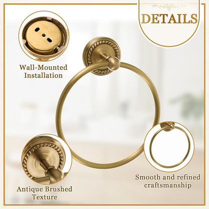 4 Pcs Antique Brass Gold Bathroom Accessories Set Wall-Mounted Adjustable Towel Rack & Round Towel Ring & Toilet Paper Holder & Robe Hook, Wall Mounted Brass Vintage Bath Hardware Set