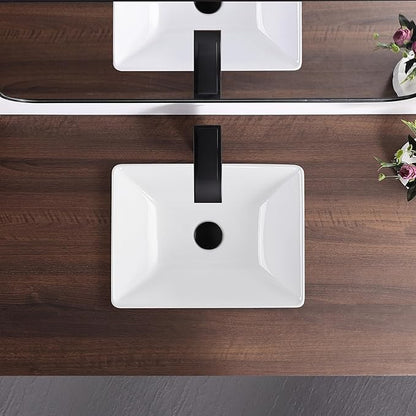 Small Bathroom Vessel Sink 16.7'' x 12.6'' Semi Recessed Bathroom Sink Rectangular Drop-in Vanity Sink with Overflow White Ceramic Modern Art Basin