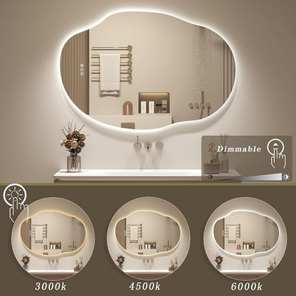 OKPAL Backlit Irregular LED Bathroom Mirror with Lights, 24x32 Asymmetrical Leaf-Shaped Ligthed Vanity Mirror for Wall, Anit-Fog, Dimmable, Memory, Shatterproof, UL (Horizontal/Vertical)