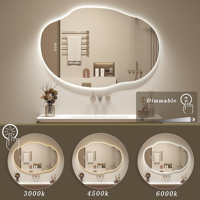 OKPAL Irregular Backlit Bathroom Mirror with Lights 22x30, Asymmetrical Leaf-Shaped Led Lighted Vanity Mirror for Wall, Anit-Fog, Dimmable, Memory, Tempered Glass, UL (Horizontal/Vertical)