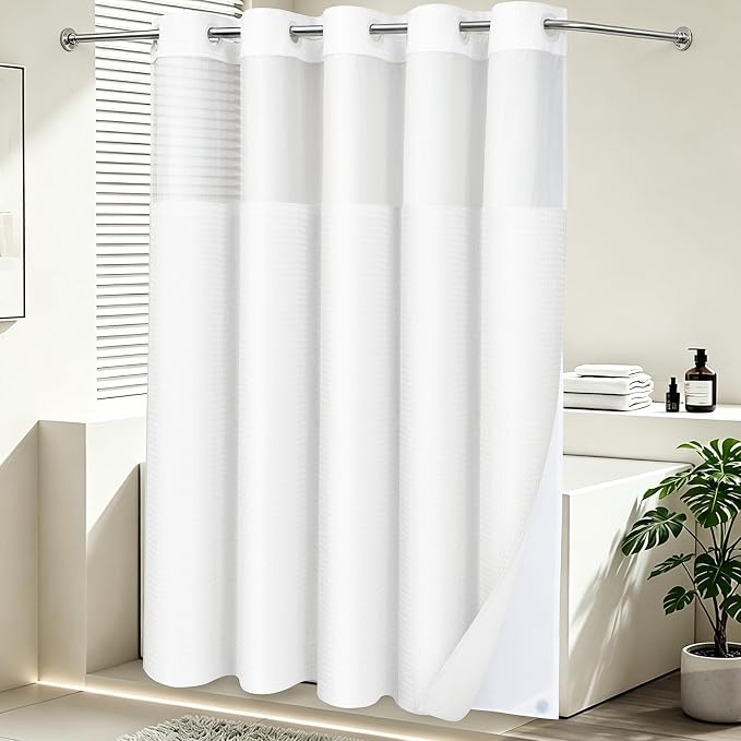 SORTTO No Hook Shower Curtain with Snap in Liner Set Waffle Shower Curtain for Bathroom Hotel Style Fabric Waterproof Inner Liner，71" W x 98" H, White